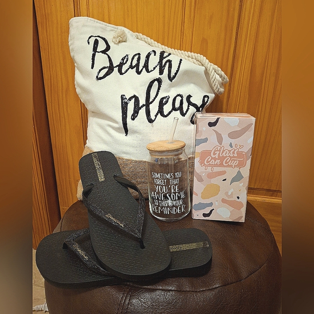 Black Ipanema Flip Flops , Beach Please Bag & Water Cup